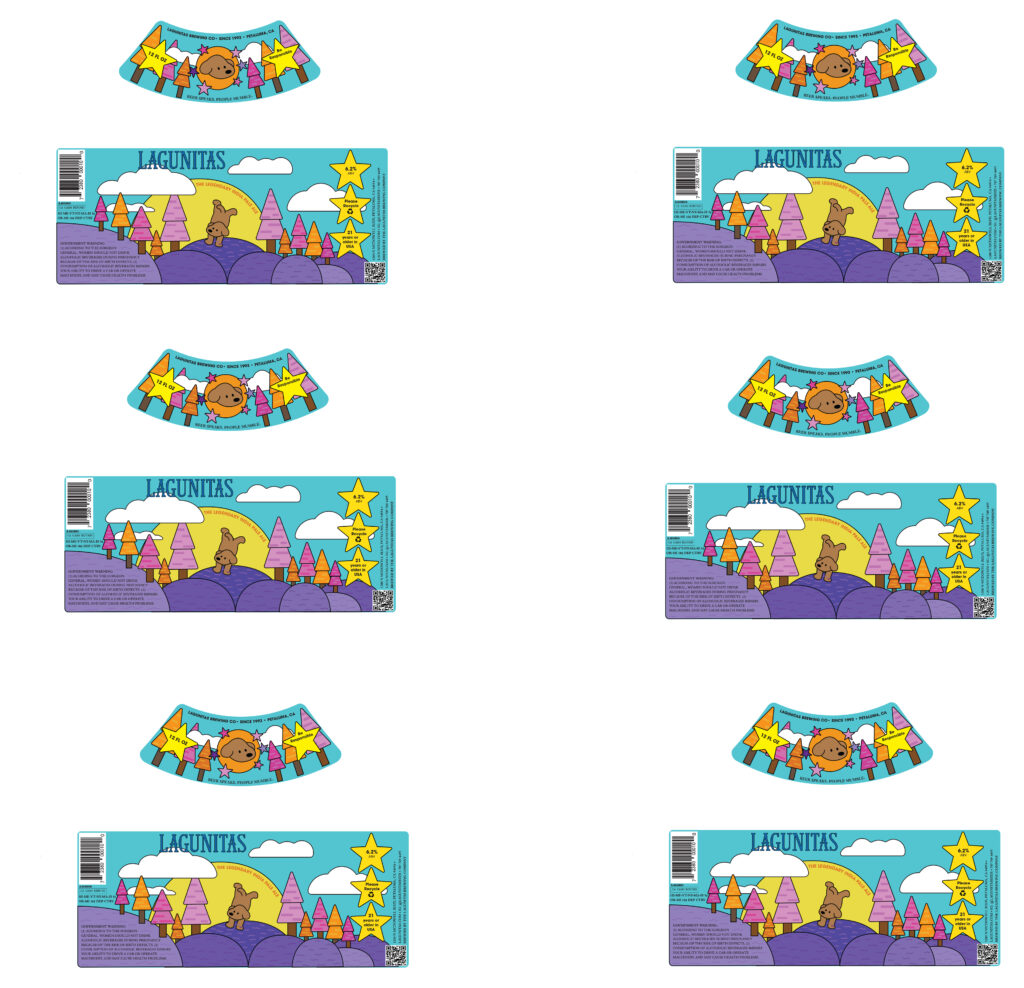 label printout for glass bottles featuring mountain scenes and dogs.