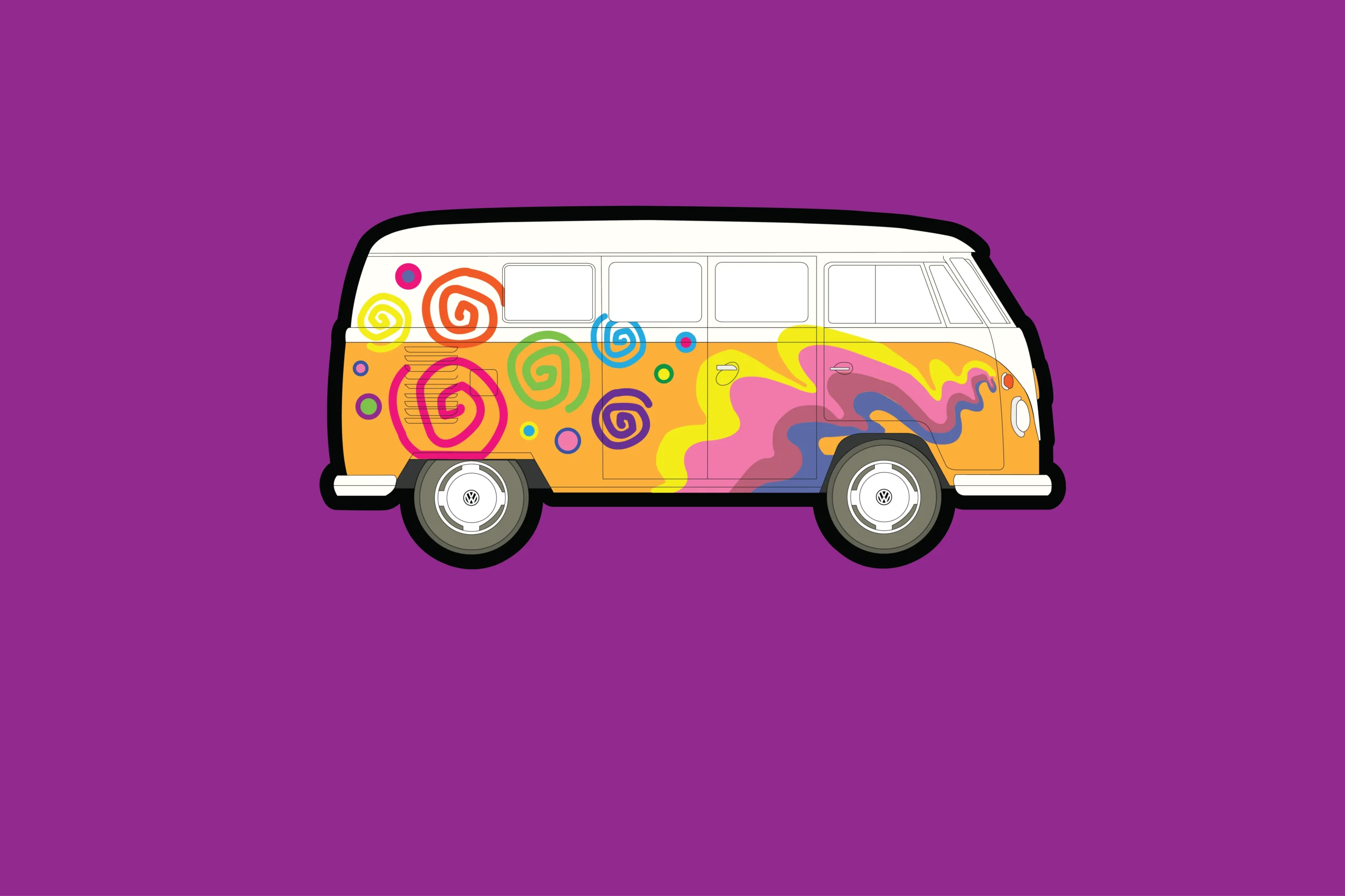 Vector retro, vintage, hippie, Volkswagen bus with colorful swirly decals.