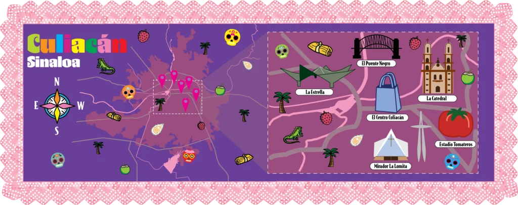 vector map of Culiacan, Sinaloa, Mexico, featuring some popular tourist attractions.