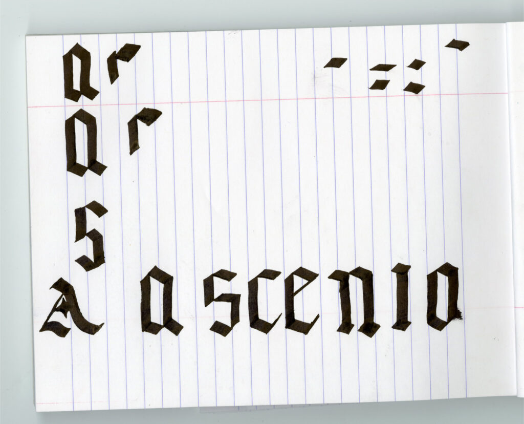 notebook page filled with practice blackletter forms.