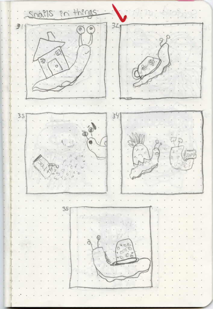 sketches of snails with random objects for shells.