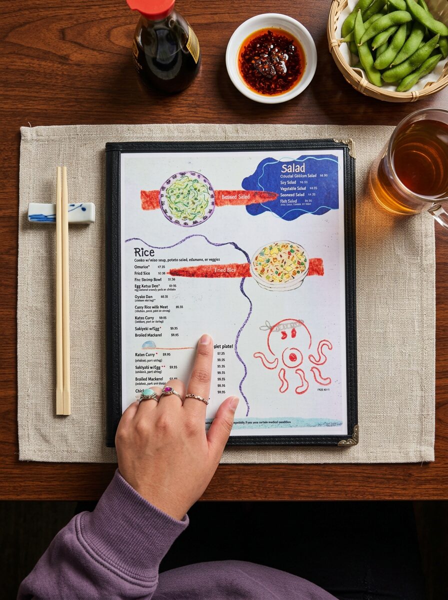 Japanese food menu open on the dining table while someone points at a food item.