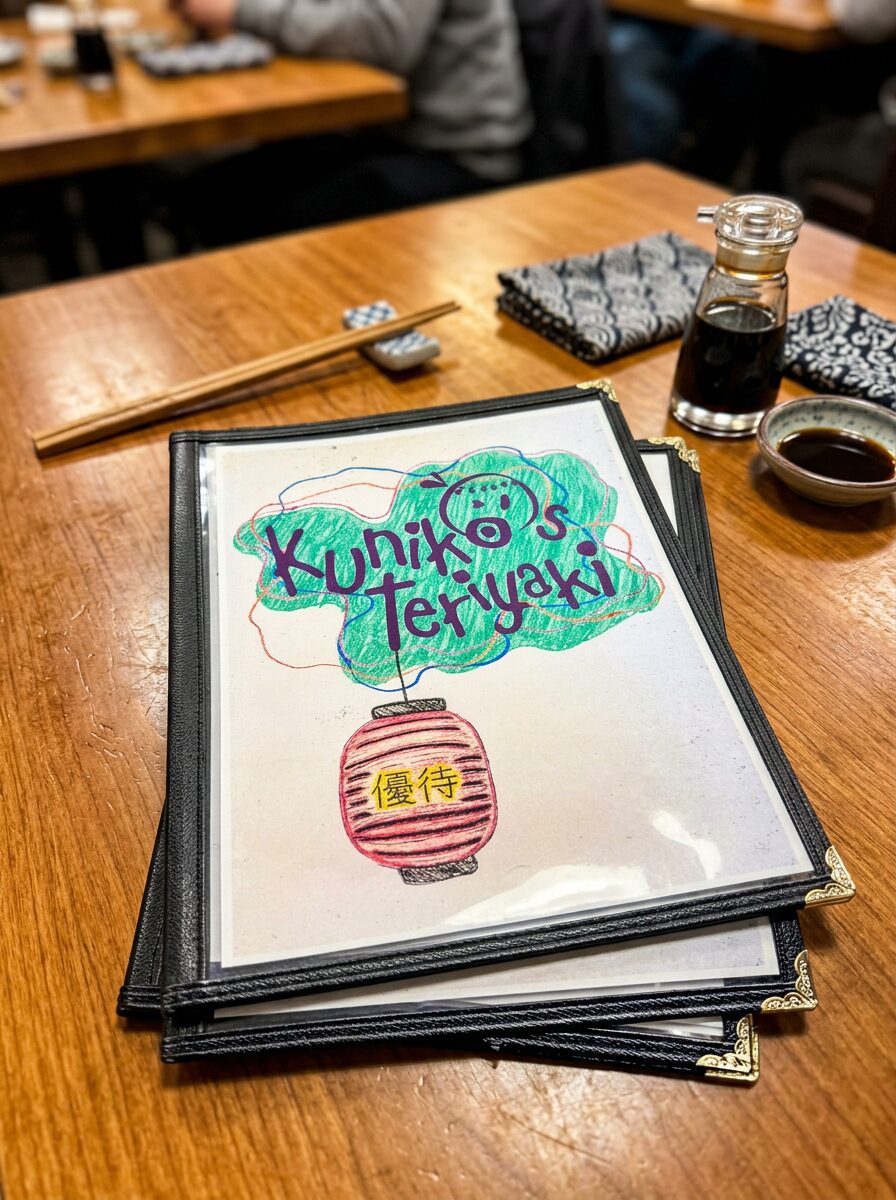 Japanese restaurant menu on a dining table with utensils and soy sauce.